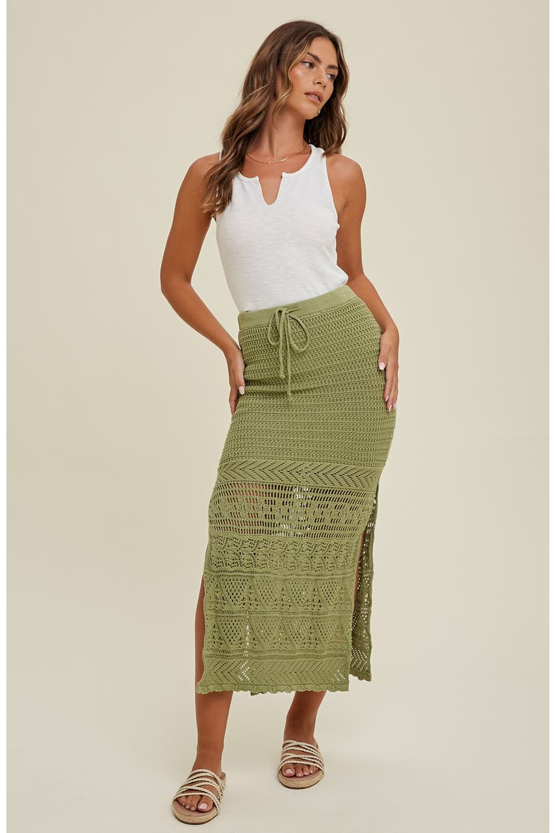 Open Stitch Drawstring Cotton Midi Skirt, Alternate, color, OLIVE