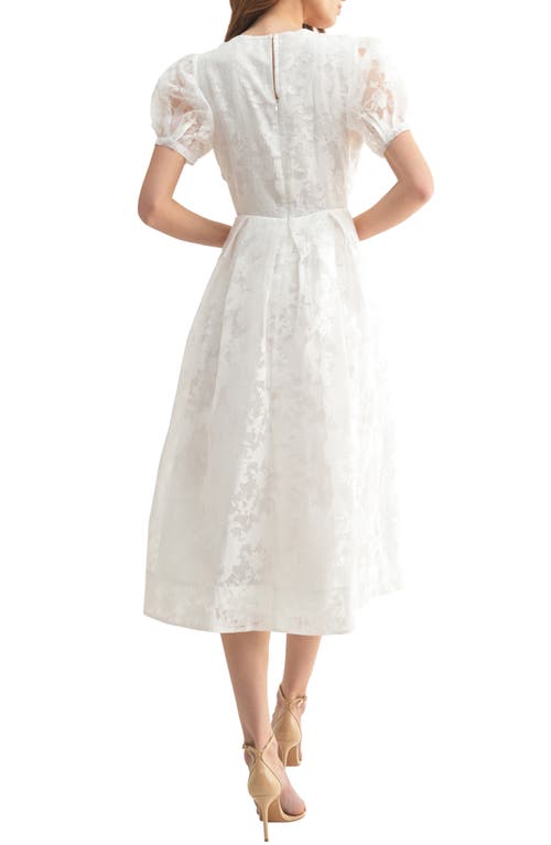 Mila Mae Jacquard Puff Sleeve A-line Midi Dress In White