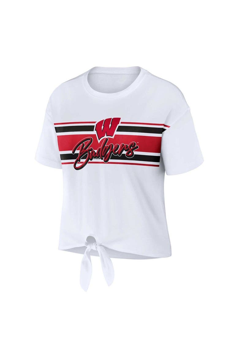 Women's WEAR by Erin Andrews White Wisconsin Badgers Striped Front Knot Cropped T-Shirt, Alternate, color, White