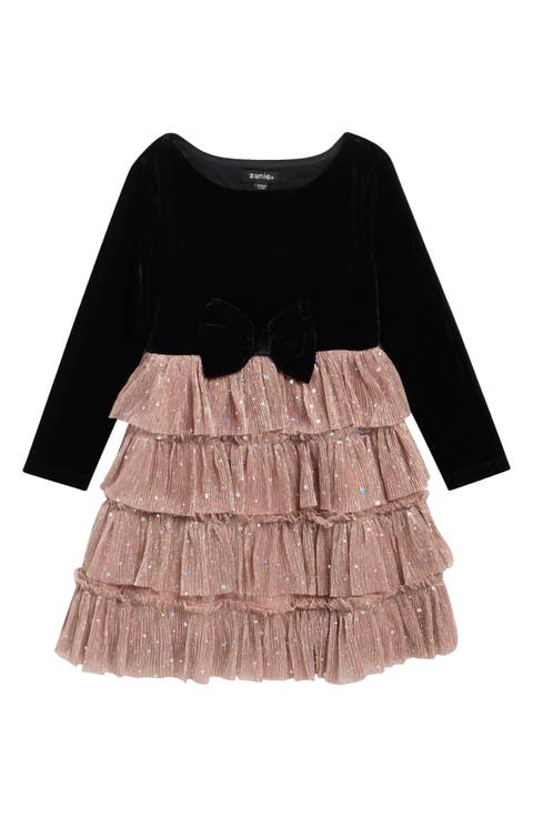 Kids' Long Sleeve Plissé Tiered Dress
