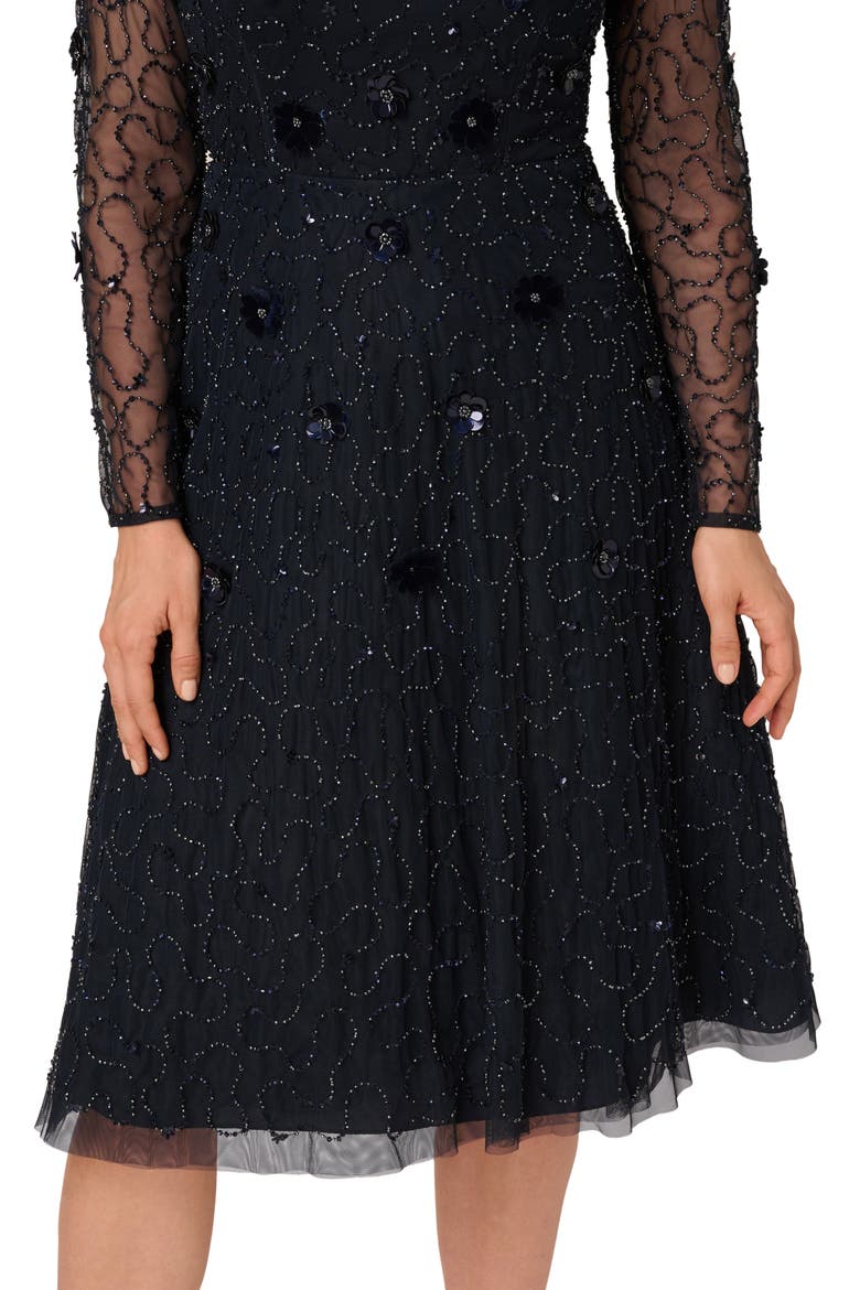 3D Floral Beaded Long Sleeve Illusion Cocktail Dress, Alternate, color, MIDNIGHT