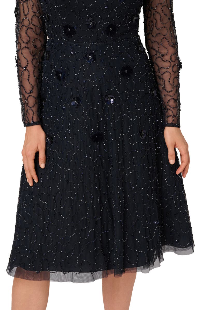 Adrianna Papell 3D Floral Beaded Long Sleeve Illusion Cocktail Dress, Alternate, color, Midnight