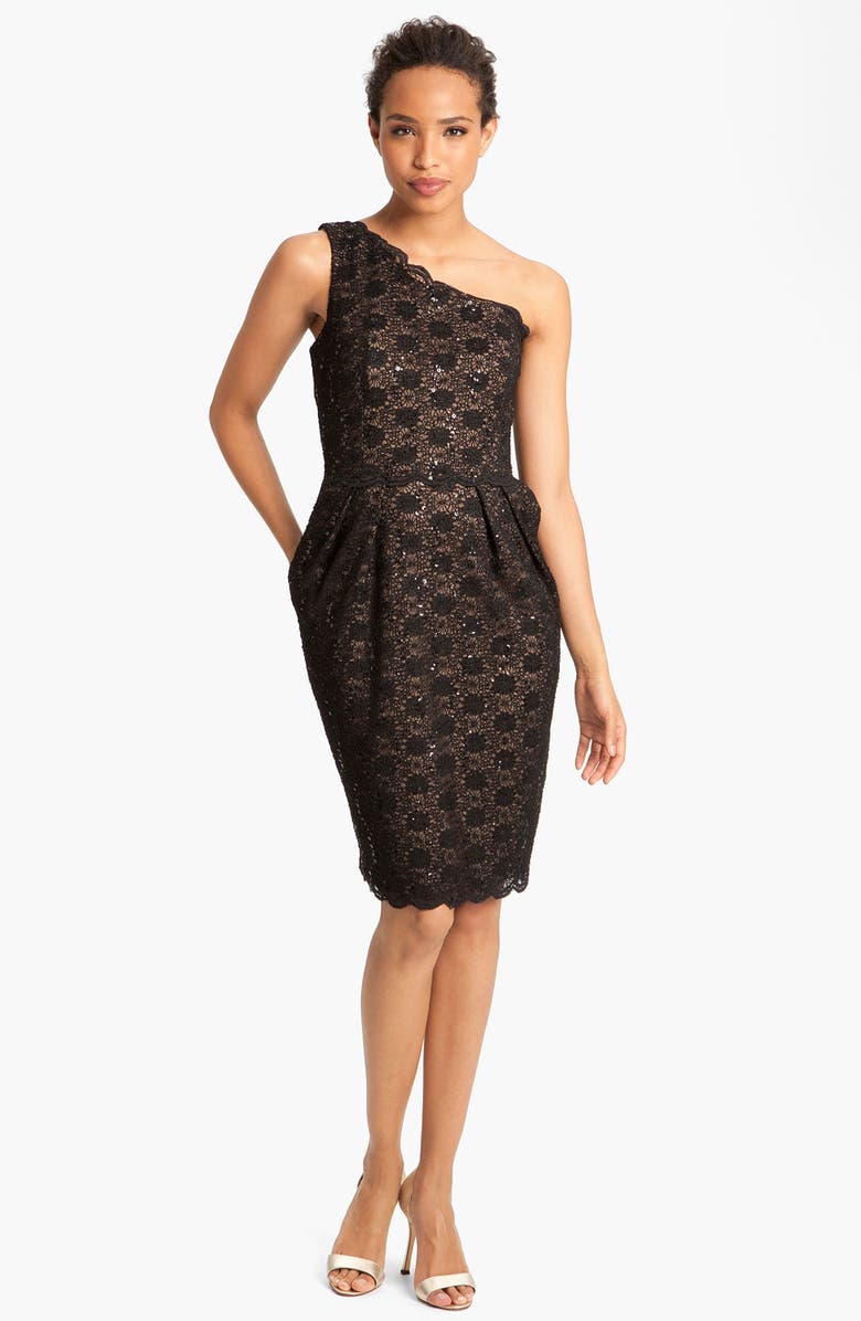 Alex Evenings One Shoulder Lace Sheath Dress, Alternate, color, 