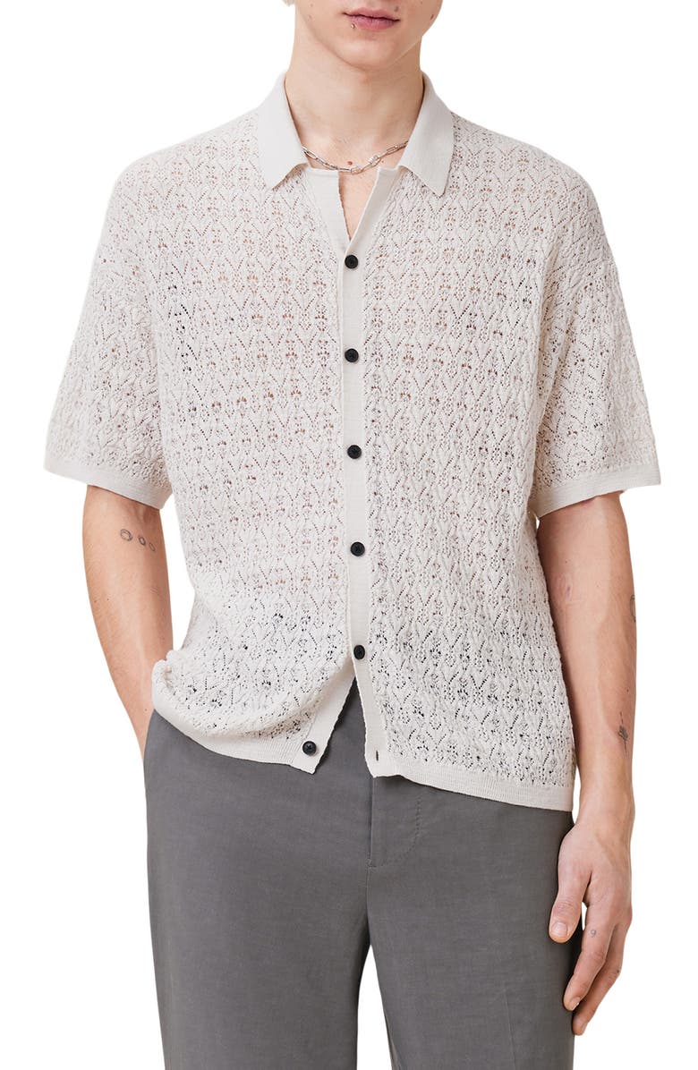 AllSaints Loire Open Stitch Cotton & Linen Button-Up Polo Sweater, Main, color, Ecru White