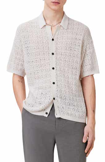 AllSaints Loire Open Stitch Cotton & Linen Button-Up Polo Sweater