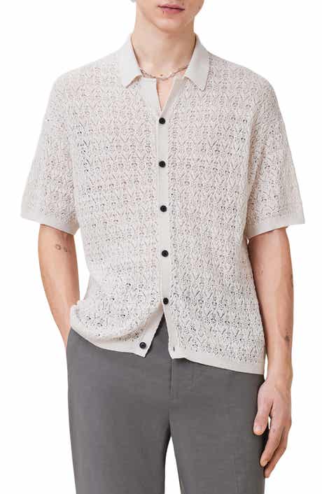 AllSaints Loire Open Stitch Cotton & Linen Button-Up Polo Sweater