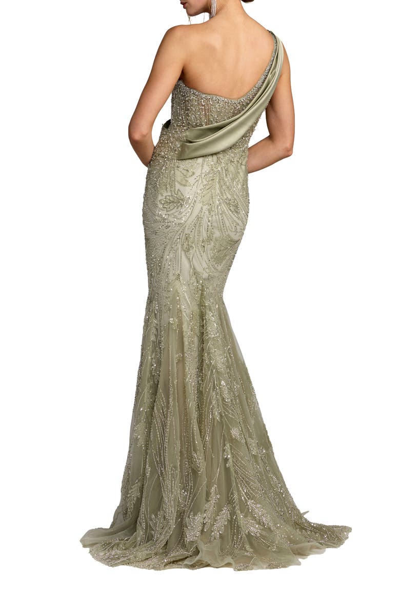 Draped One Shoulder Embellished Mermaid Gown, Alternate, color, Sage