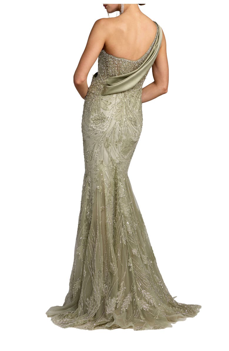 Mac Duggal Draped One Shoulder Embellished Mermaid Gown, Alternate, color, Sage