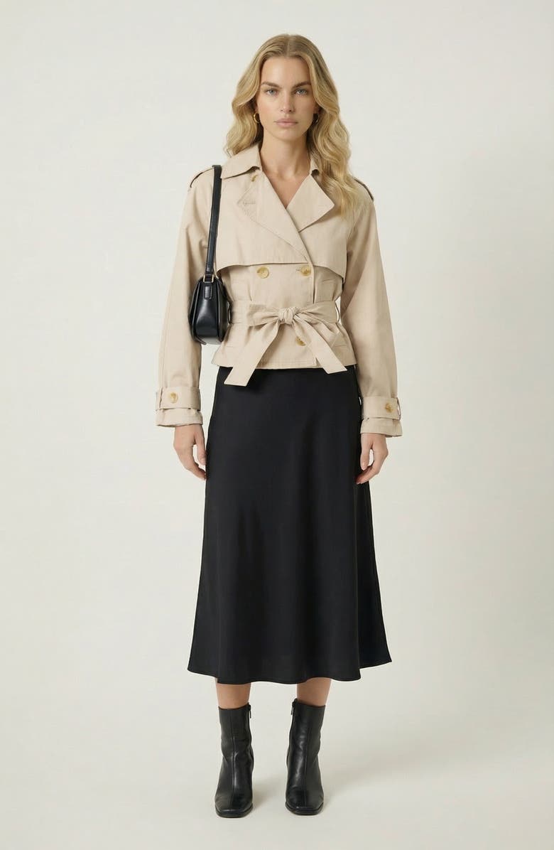 Modenaire Cropped Double-Breasted Trench Jacket with Waist Tie, Alternate, color, 