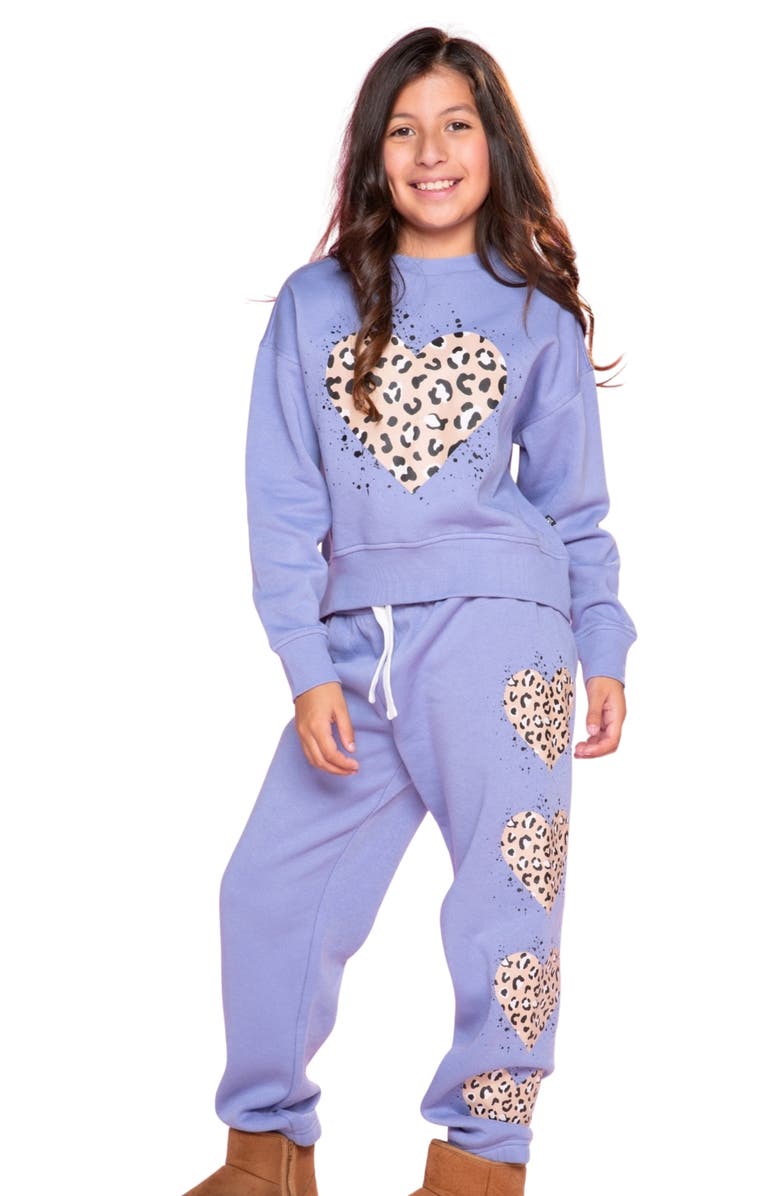 PixieLane Kids' Cloud Soft Sweatpants, Alternate, color, Vintage Iris Leopard Heart