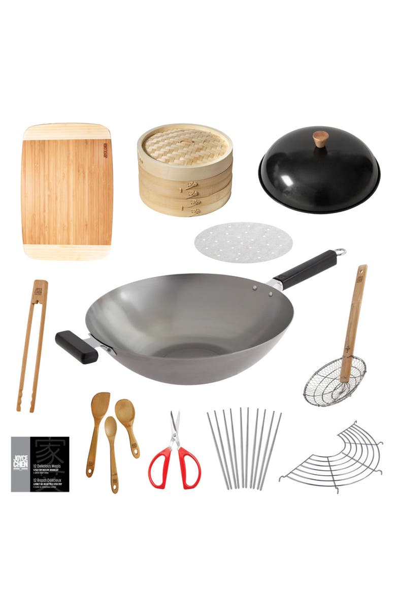 JOYCE CHEN Professional Series Uncoated 14" Wok Bundle, 12 piece, Main, color, Bamboo/Carbon Steel