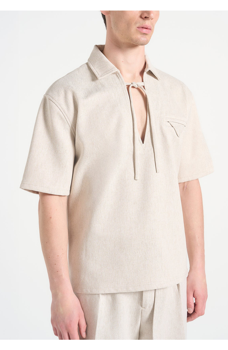 Manière De Voir Norbert Open Collar Textured Drawstring Shirt, Alternate, color, Cream