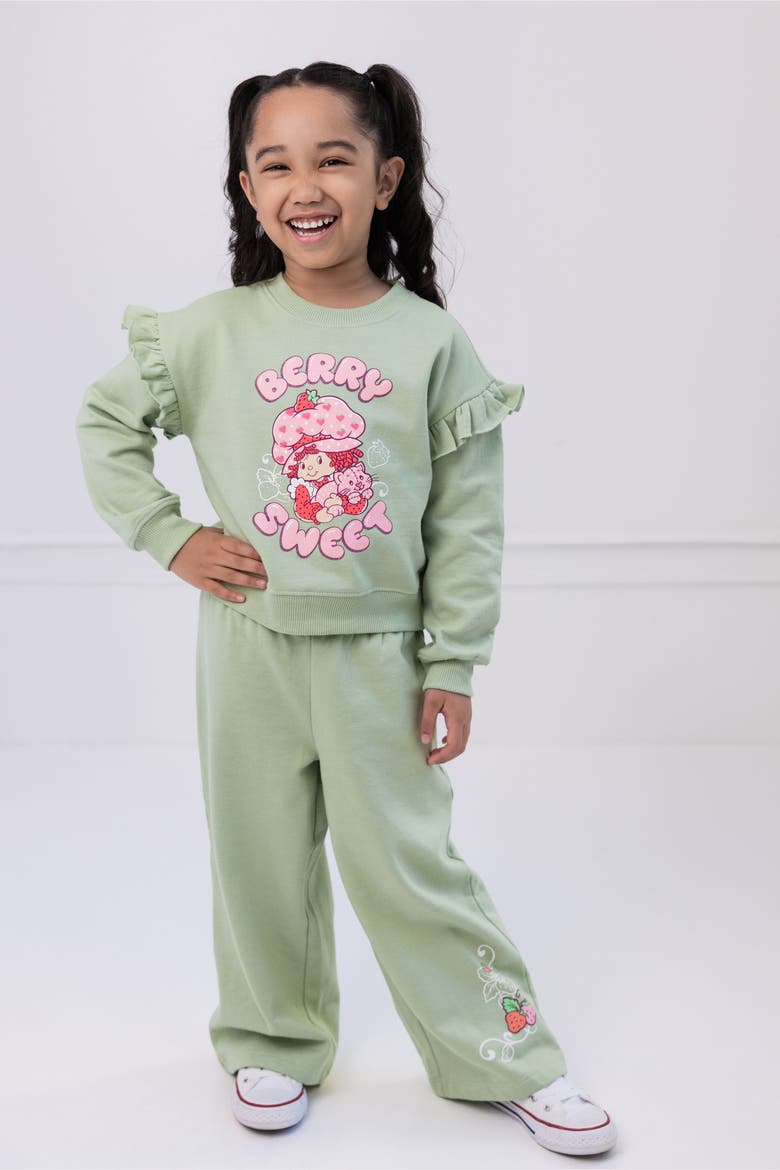 Fleece Sweatshirt and Flare Pants Set, Alternate, color, Strawberry Pale Green