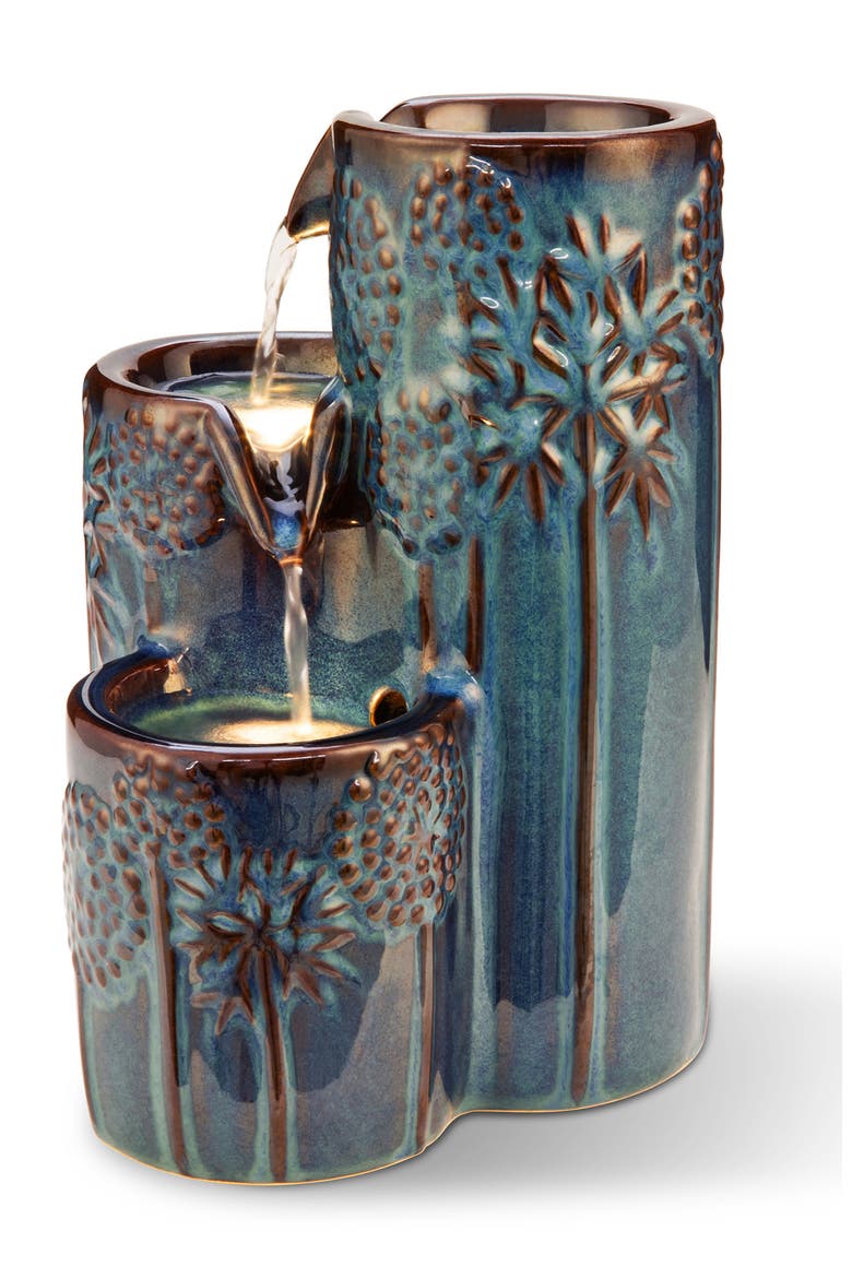3-Tier Turquoise Ceramic Tabletop Fountain with Pump and 2PCS LED lights, Alternate, color, Blue