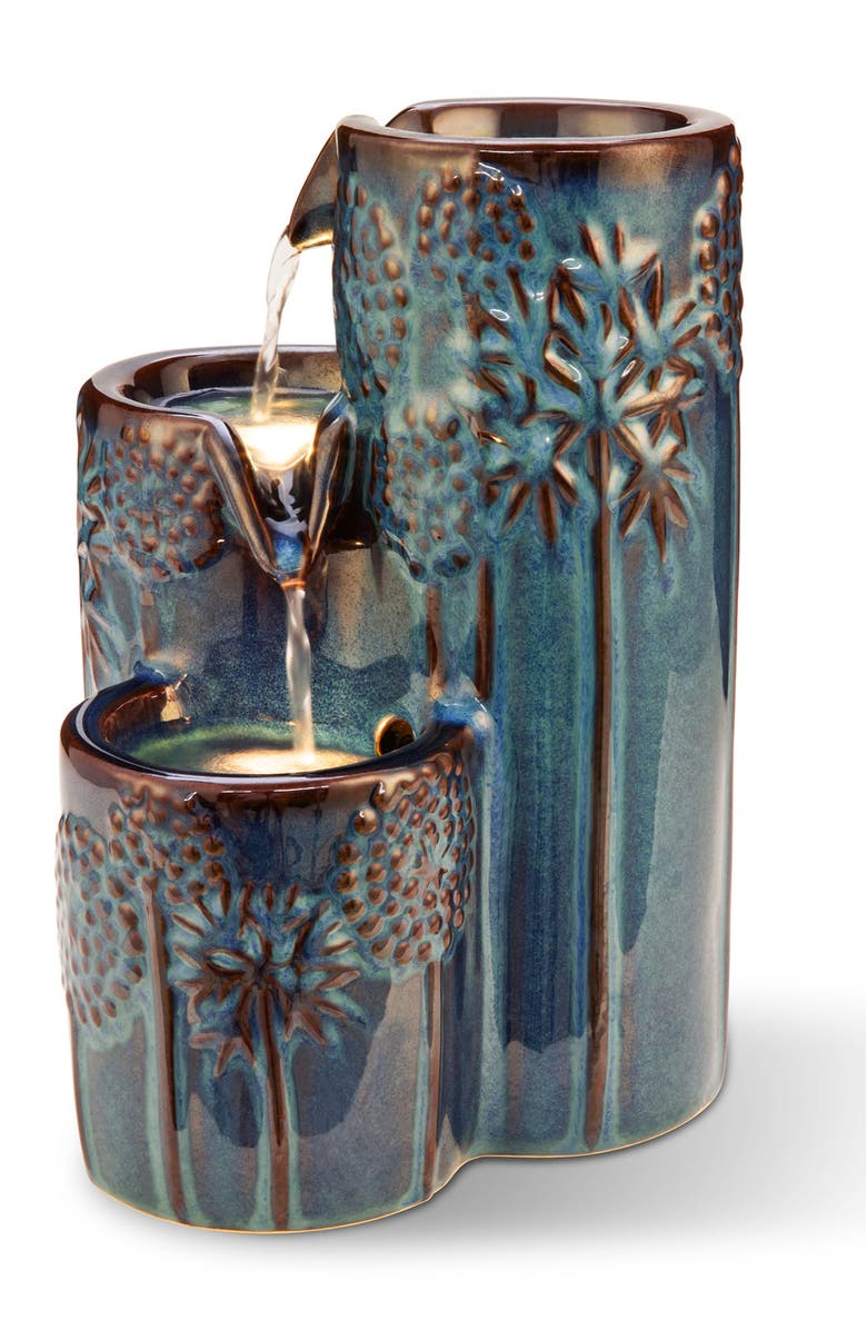 Glitzhome 3-Tier Turquoise Ceramic Tabletop Fountain with Pump and LED light, Alternate, color, Blue