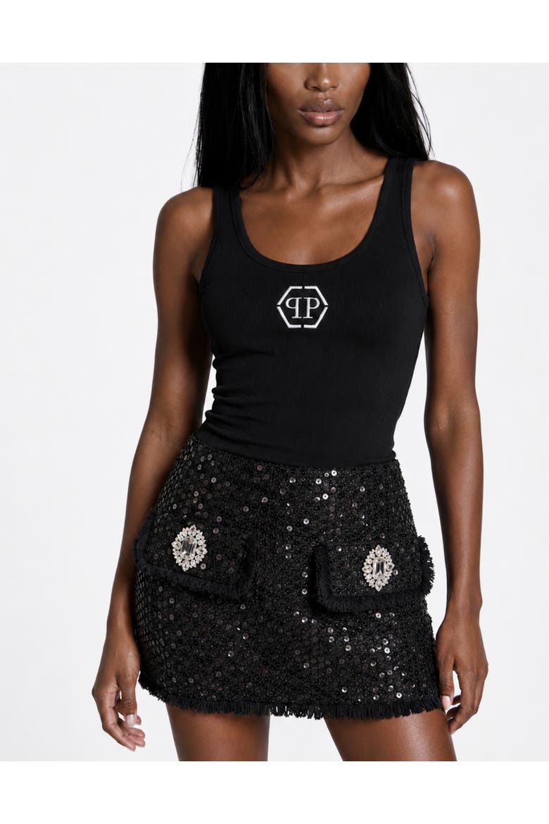 Tweed Mini Skirt Paillettes Women, Main, color, black