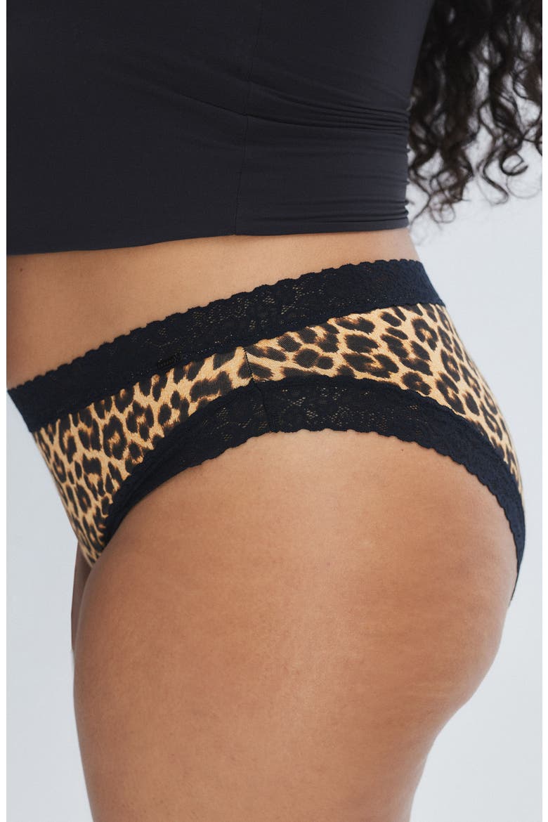 Essentials Lace Trim Stretch Cotton Cheeky Briefs, Alternate, color, SUGA BEIGE ON THE PROWL PRINT