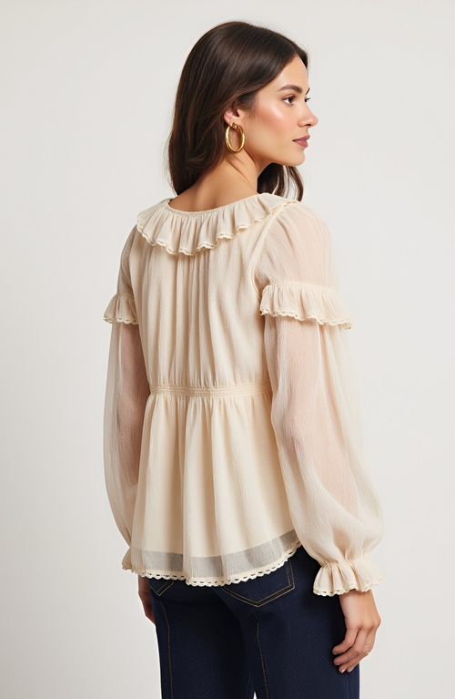 Modenaire Ruffled Long Sleeve Blouse With Sheer Finish And Lace Trim In Neutral