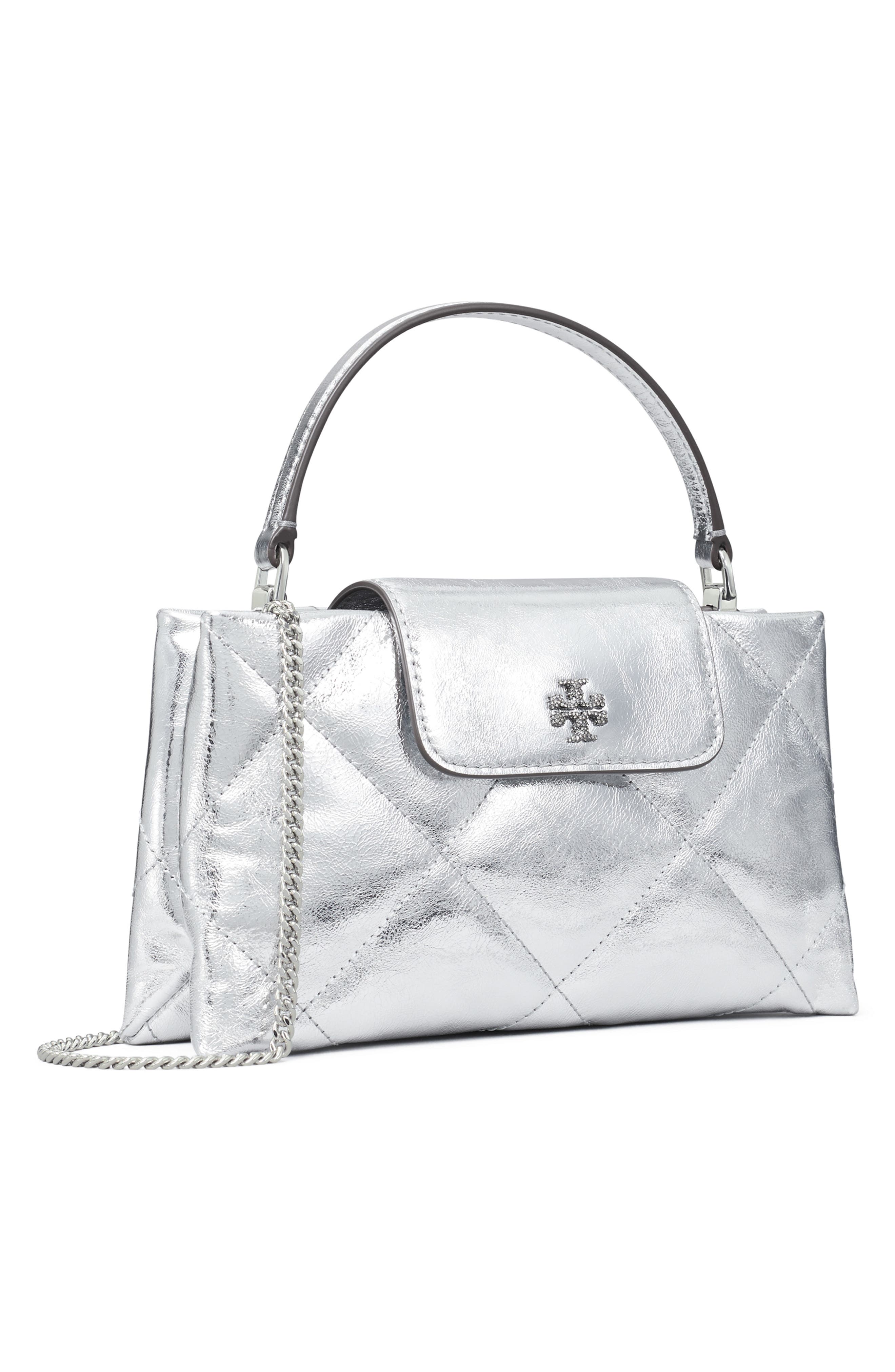 Tory Burch Kira Diamond Quilted East-West Top Handle Bag, Alternate, color, Silver