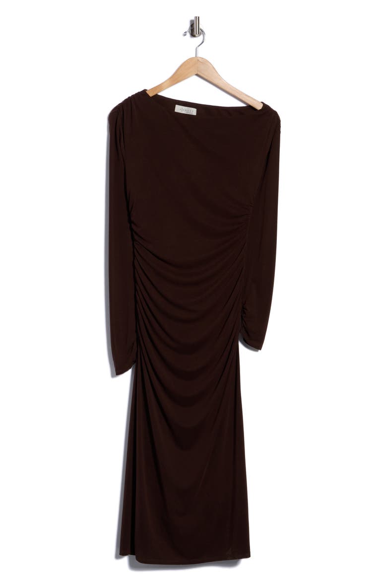 Ruched Gathered Bateau Neck Midi Dress, Main, color, CHOCOLATE