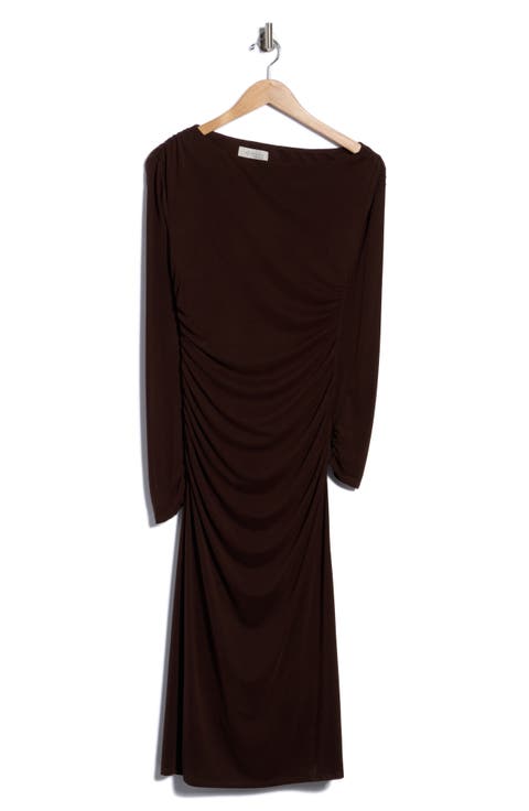 Ruched Gathered Bateau Neck Midi Dress