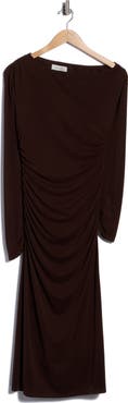WAYF Ruched Gathered Bateau Neck Midi Dress