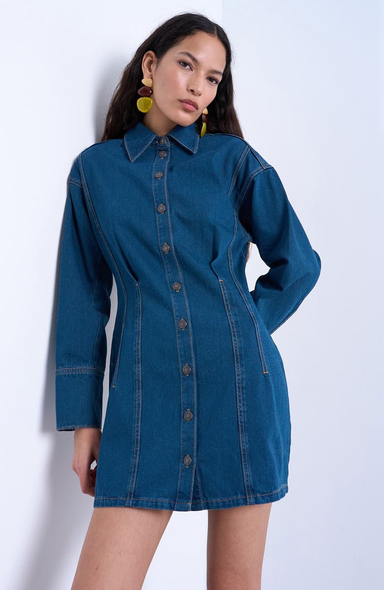 Topshop Denim Button-Up Mini Shirtdress, Alternate, color, Medium Blue
