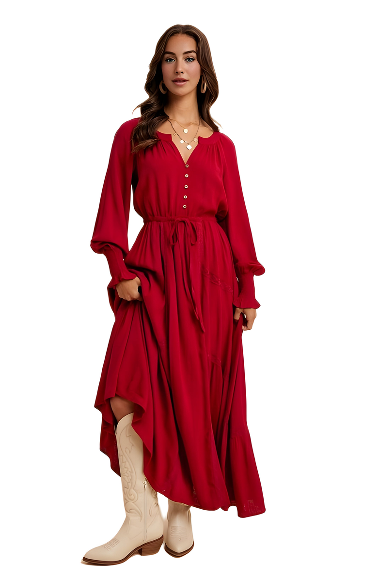 Knit and Lounge Long Sleeve Maxi Dress with Front Buttons and Drawstring Waist, Alternate, color, 