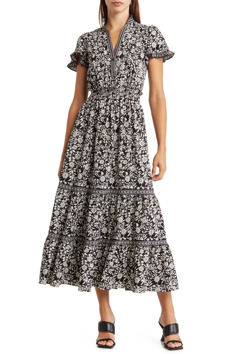 Flutter Sleeve Maxi Dress, Main, color, BLACK SHIMMER SILHOUETTE