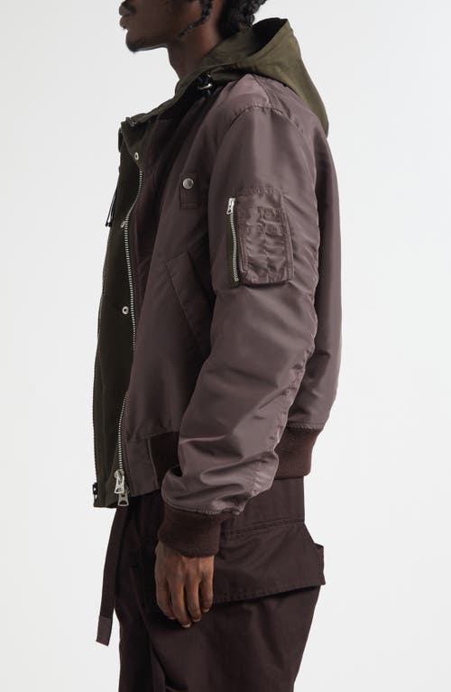 Sacai Hooded Mixed Media Jacket In Brown