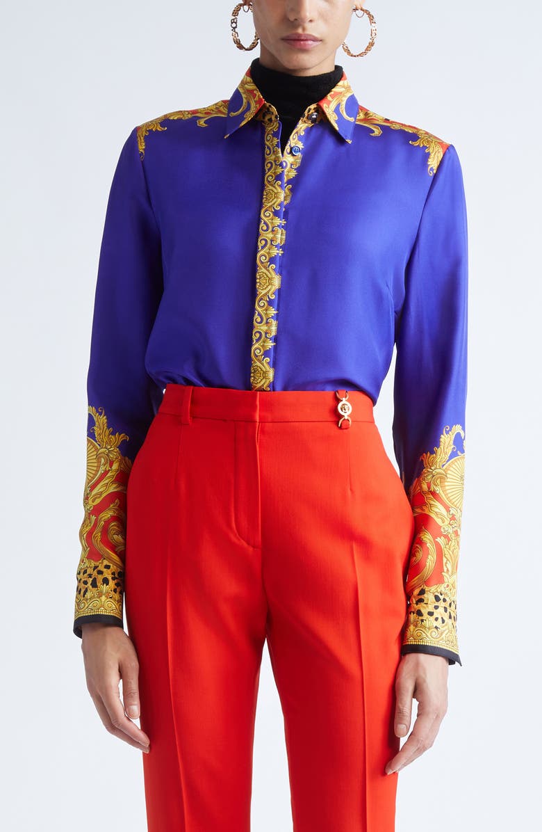 Versace Formal Cheetah Barocco Print Silk Button-Up Shirt, Main, color, Ultramarine Scarlet