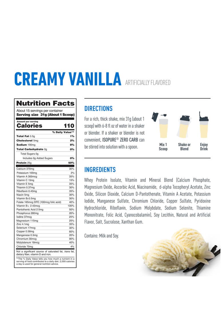 Zero Carb 100% Whey Protein Isolate Powder, Creamy Vanilla, 25g Protein, 15 Servings, Alternate, color, None
