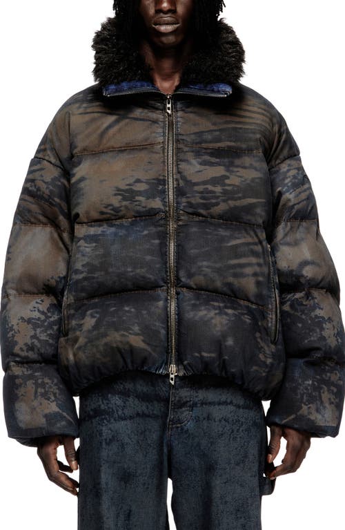 Diesel Puffer Jacket In Dirt-effect Camo Denim In Black