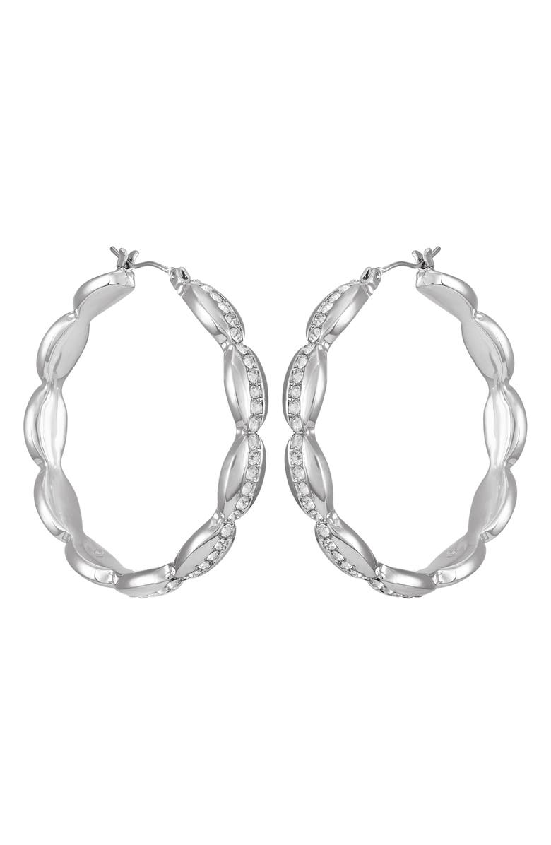 Vince Camuto Pavé Crystal Scalloped Hoop Earrings, Alternate, color,