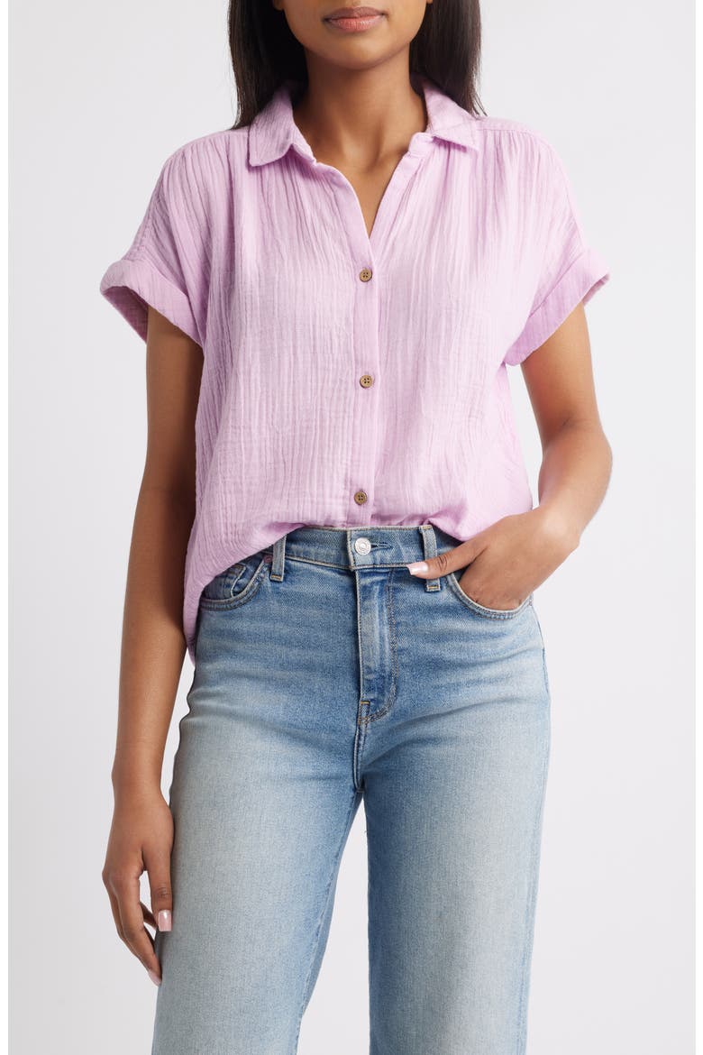 Dawson Short Sleeve Cotton Button-Up Shirt, Main, color, LILAC PINK