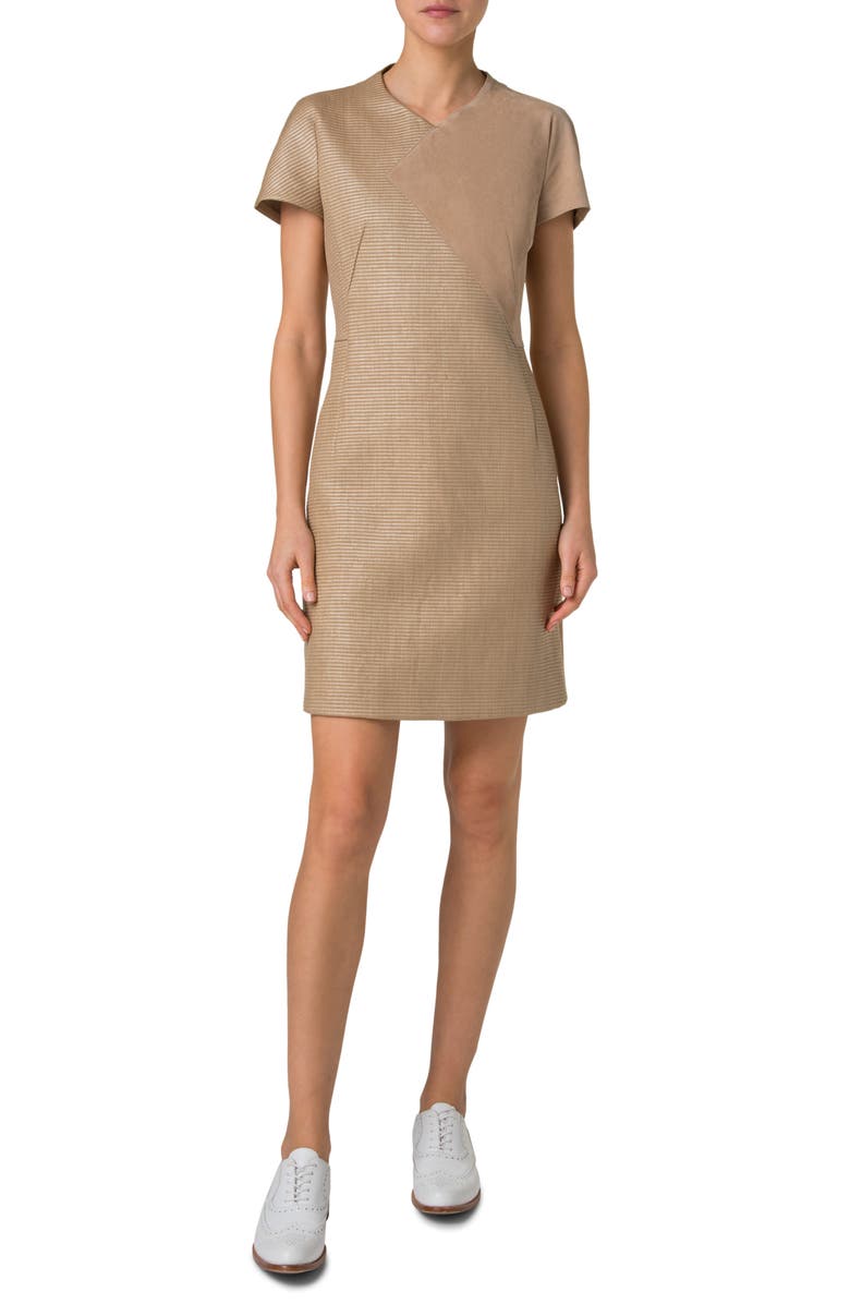 Akris Short Sleeve Mixed Media Sheath Dress, Main, color, Cuoio