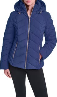KARL LAGERFELD PARIS Chevron Quilted Hooded Puffer Jacket
