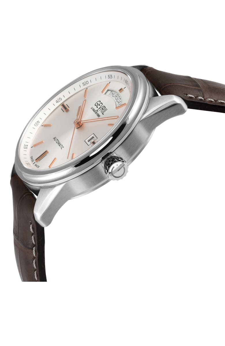 GEVRIL Excelsior Croc Embossed Leather Strap Watch, 42mm, Alternate, color, Brown