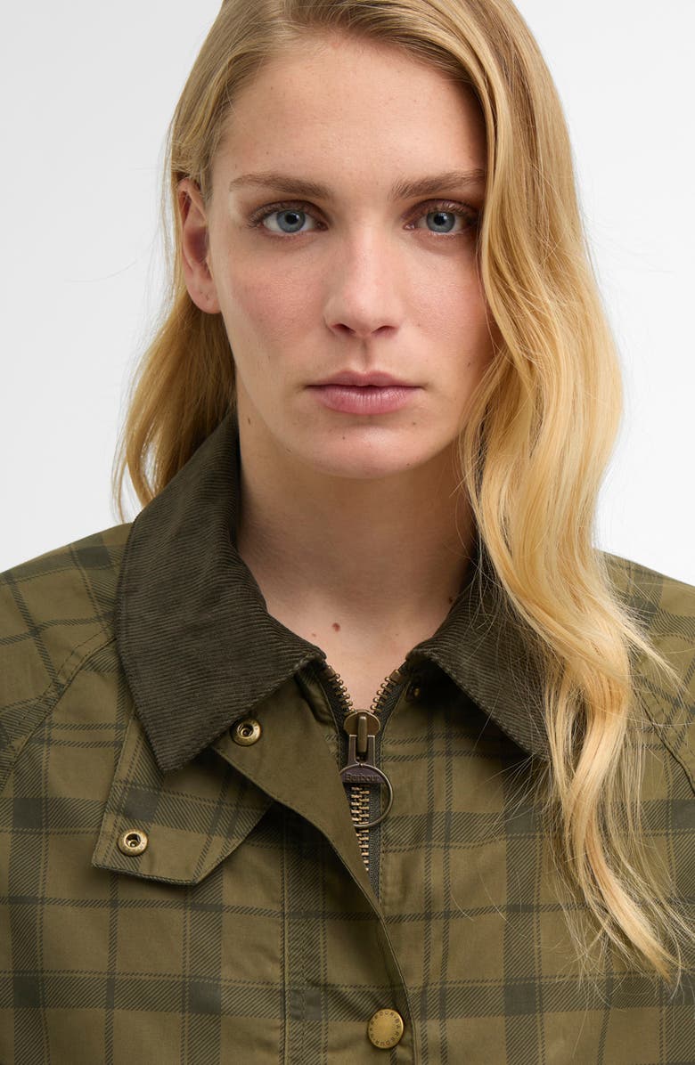 Barbour Beadnell Tartan Waxed Cotton Crop Jacket, Alternate, color, Dusky Green Tartan/ Highland