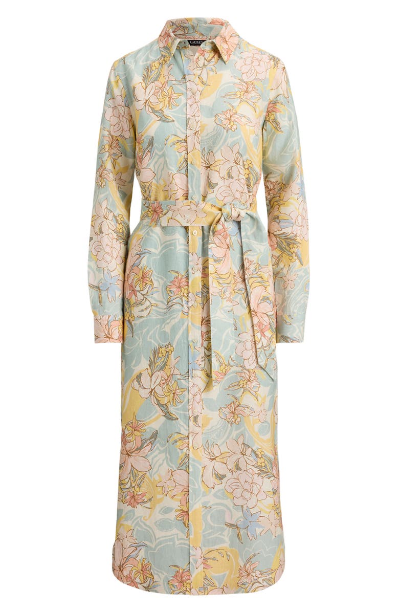 Lauren Ralph Lauren Floral Long Sleeve Linen Midi Shirtdress, Alternate, color, Cream/ Blue Multi
