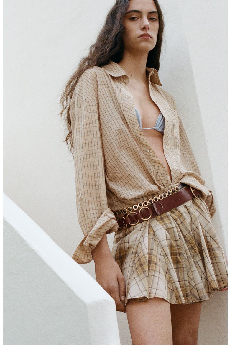 Checkered Cotton Button-Up Shirt, Alternate, color, BROWN