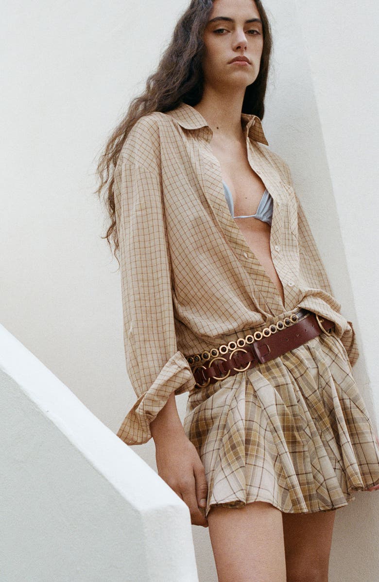 MANGO Checkered Cotton Button-Up Shirt, Alternate, color, Brown