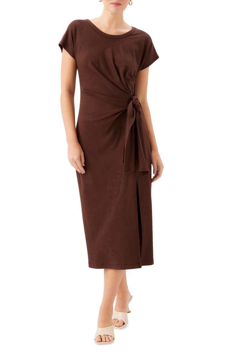 Marisa Side Knot Midi Dress, Main, color, BROWN