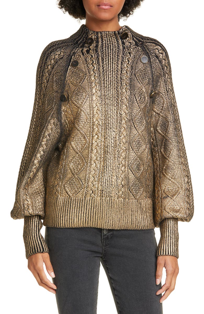Veronica Beard Grady Metallic Coated Cable Sweater, Main, color,