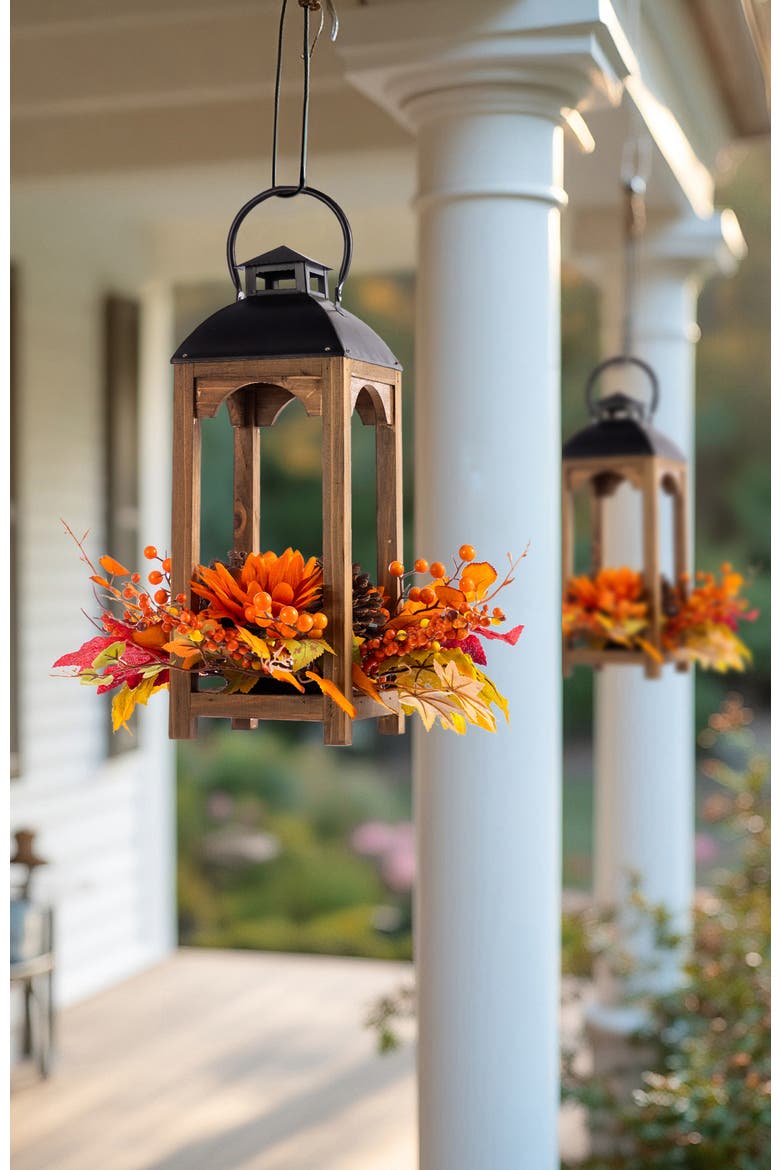 Fall Sunflower Pinecone and Berry Wood Lantern Centerpiece, Alternate, color, Orange
