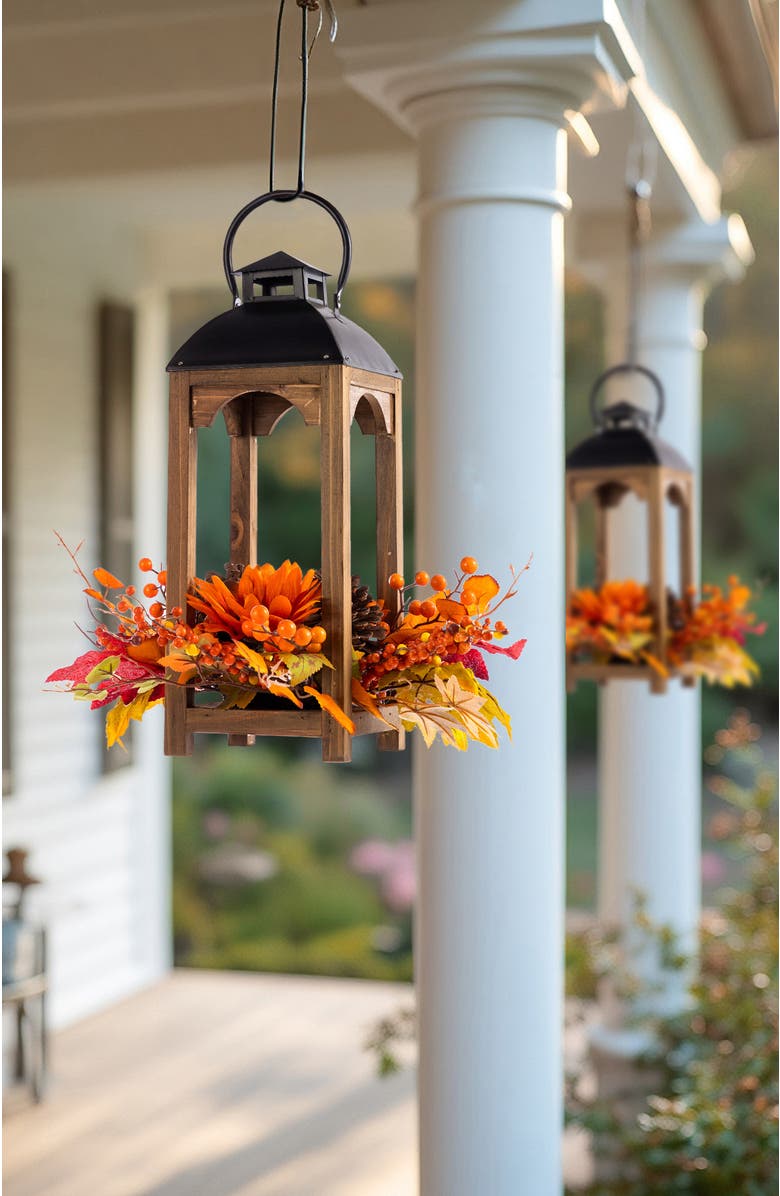 Glitzhome Fall Sunflower Pinecone and Berry Wood Lantern Centerpiece, Alternate, color, Orange
