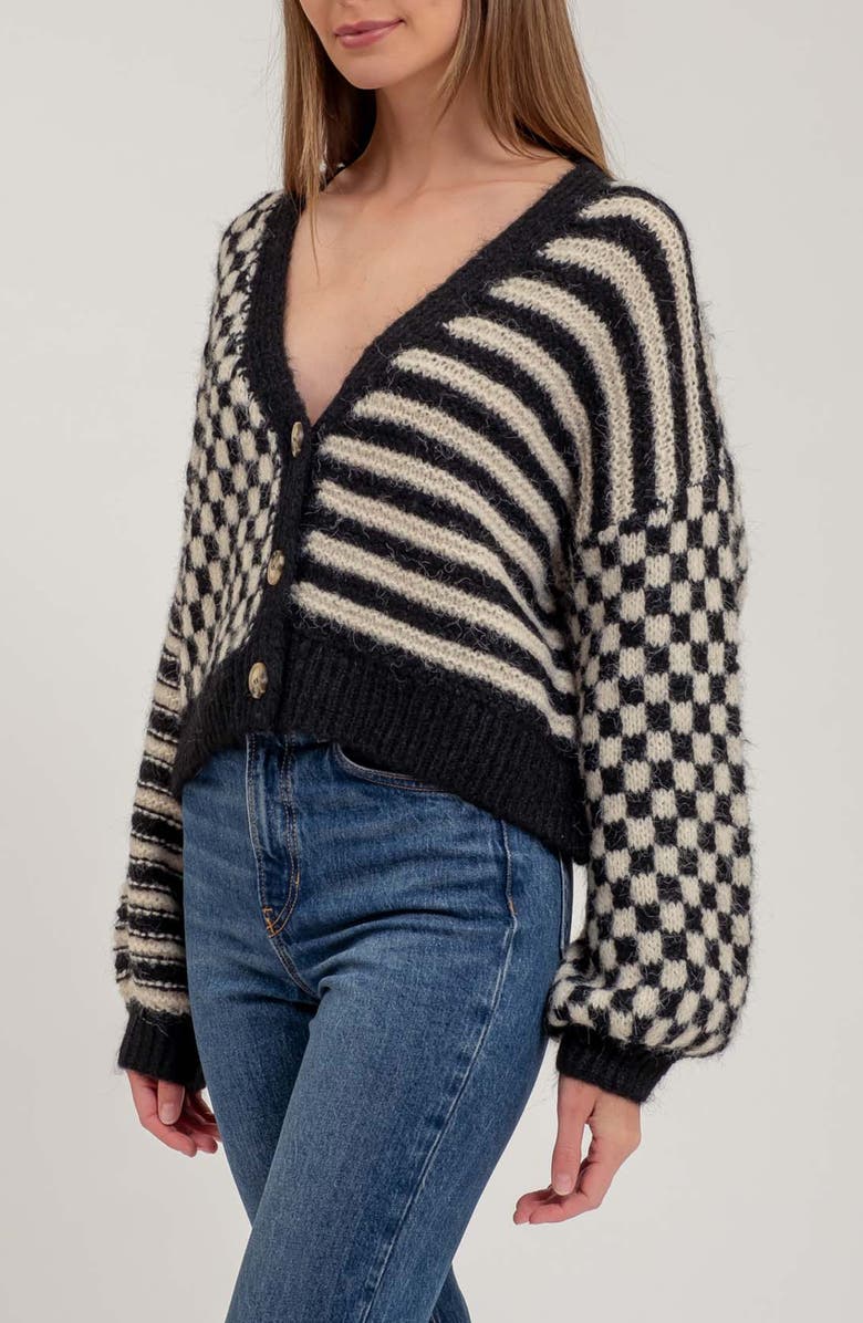 Blu Pepper Stripe Check Balloon Sleeve Cardigan, Alternate, color, 