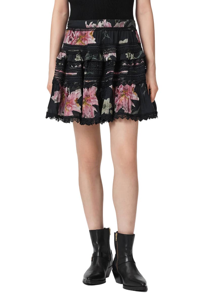 AllSaints Zora Floral Lace Detail Miniskirt, Main, color, Crystal Black