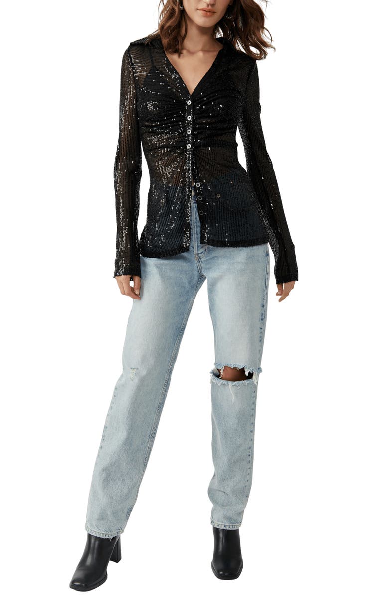 Free People Sequin Ruched Shirt, Alternate, color, 