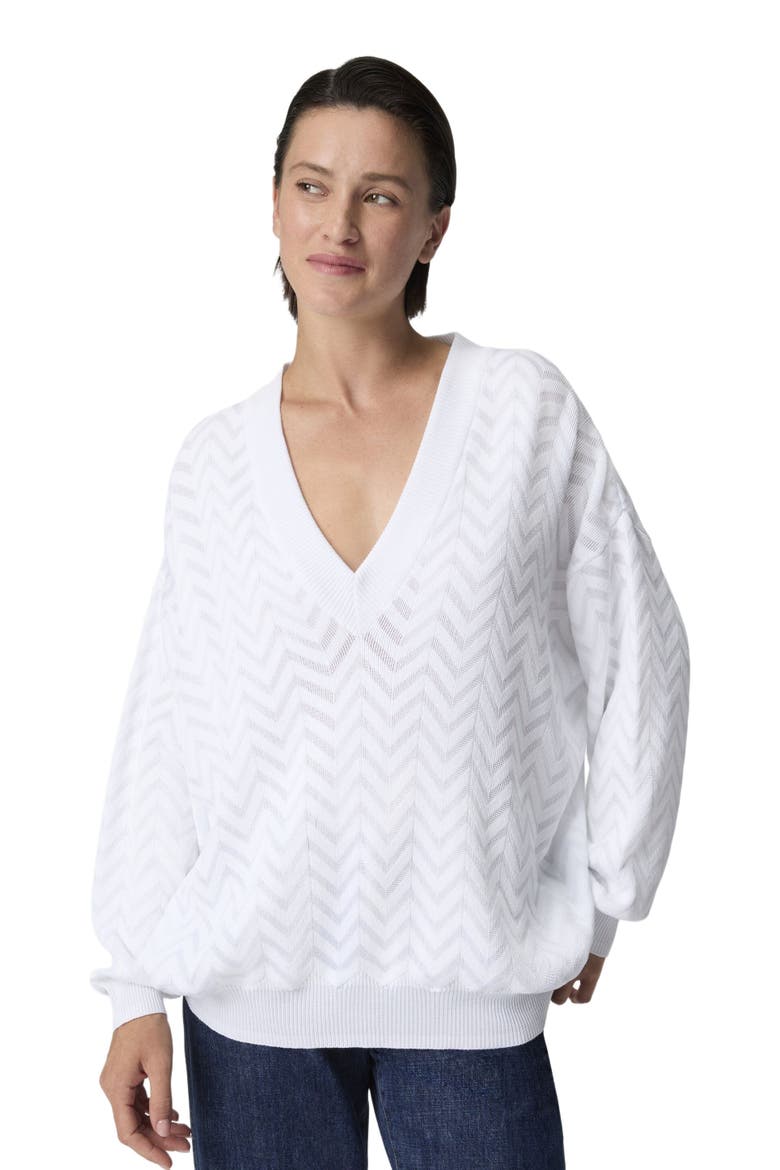 V-neck Pullover In Cotton And Viscose Chevron, Alternate, color, White